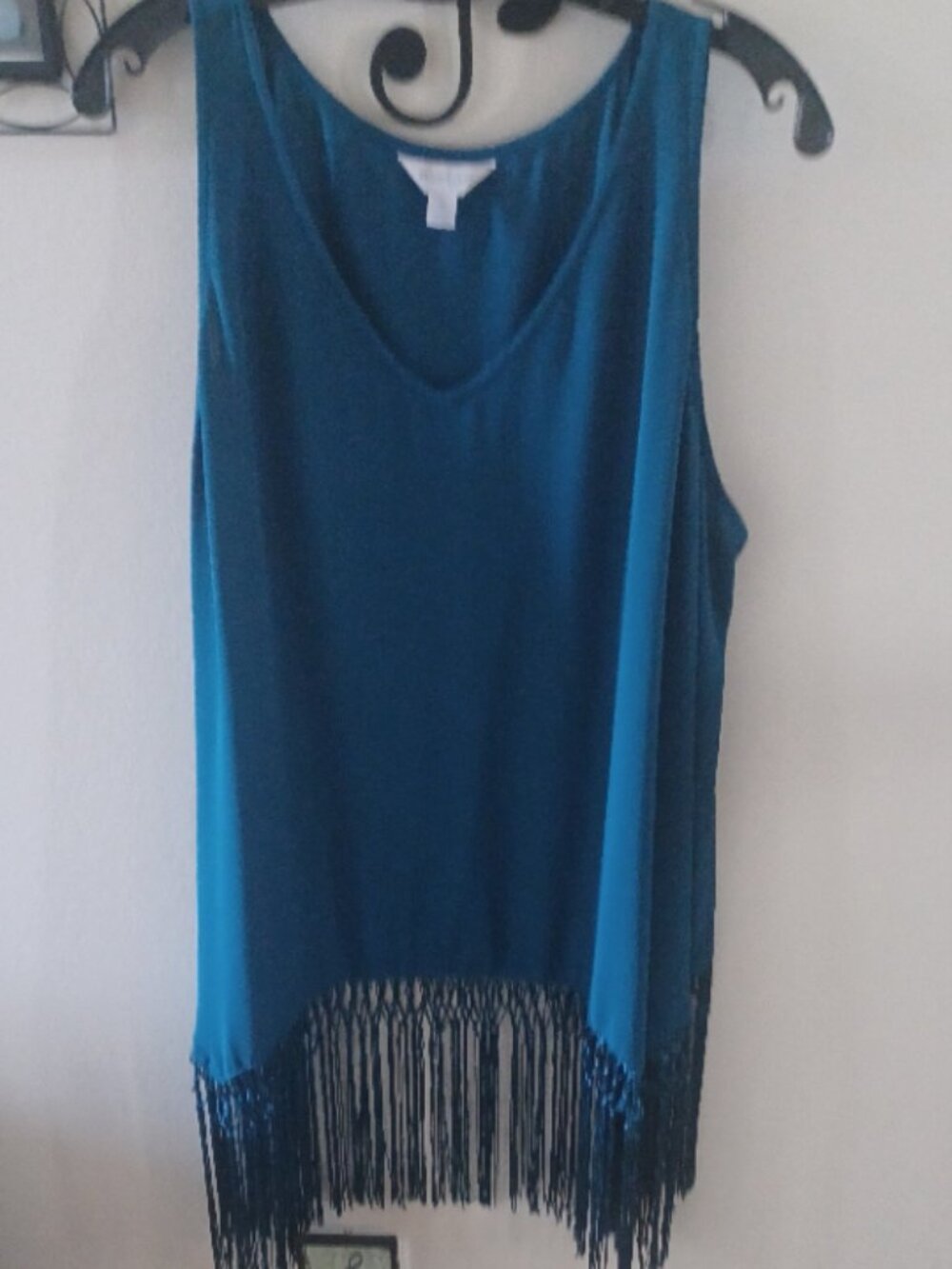Plus Belle Sky Teal Blueish Green Long Fringe Bottom Tank V Neck 1X